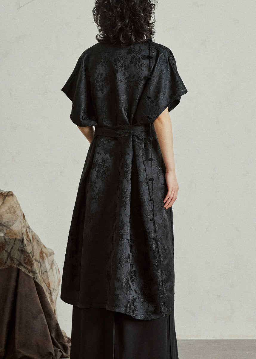 Jacquard Black Tie Waist Silk Maxi Dress Summer