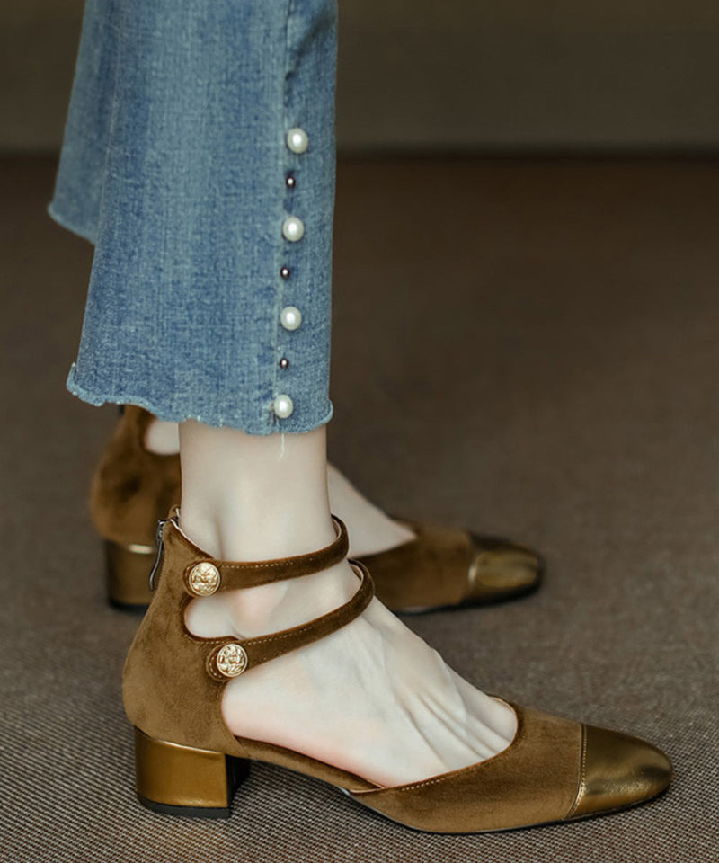 Champagne Velour Splicing Cowhide Leather Chunky Sandals