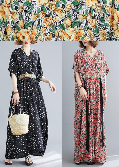 Art Black Print Cotton Cinched Summer Maxi Dress