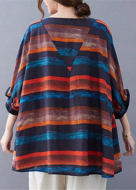 Orange Striped O-neck T Shirt Batwing Sleeve