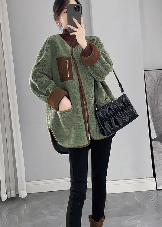 Organic Green Oversized Patchwork Faux Fur Teddy Coat Winter