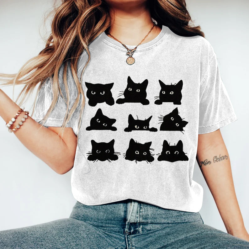 Comstylish Abstract Creative Black Cats Art Print T-shirt