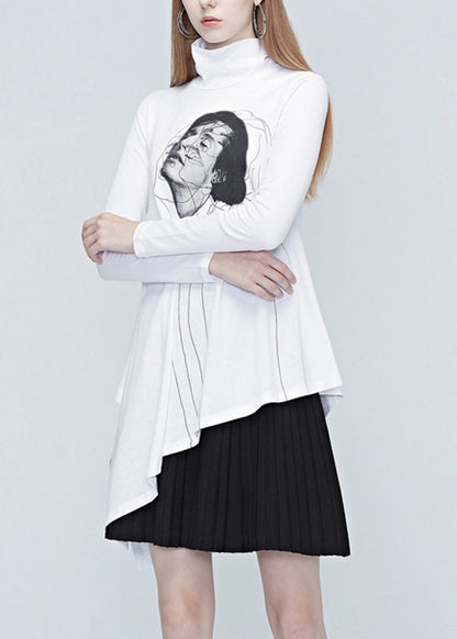 Natural White Turtleneck Belle Print Wrinkled Tops Fall
