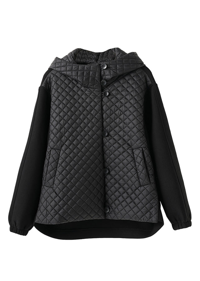 Black Hooded Button Cotton Filled Coats Long Sleeve