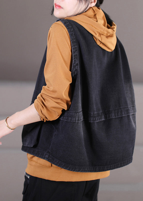 Diy Black Stand Collar Drawstring Patchwork Zippered Denim Coat Fall