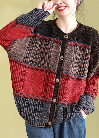Red Patchwork Knit Cardigan O Neck Button Spring