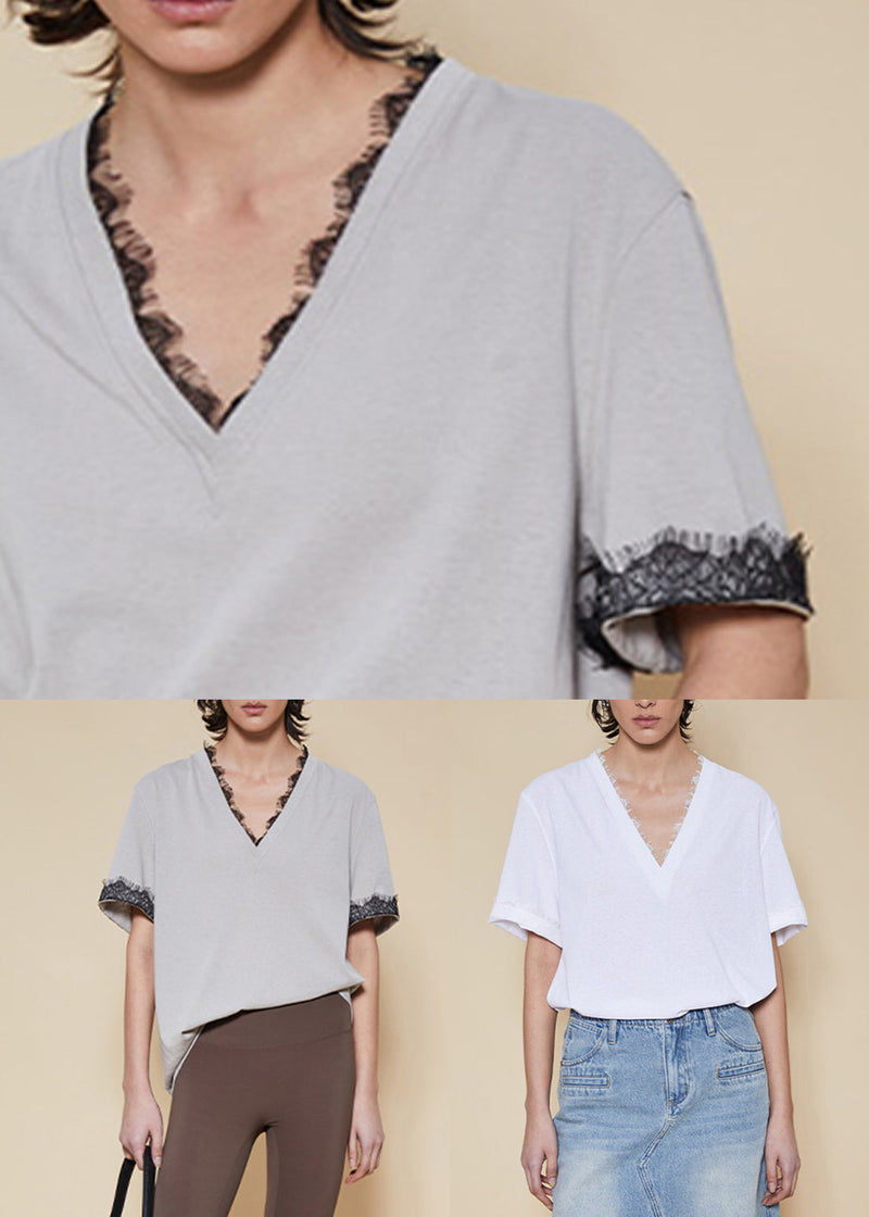White V Neck Lace Patchwork Cotton T Shirt Summer