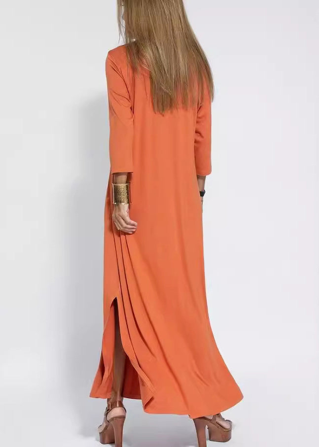 Loose Black V Neck Side Open Cotton Long Dress Bracelet Sleeve Spring