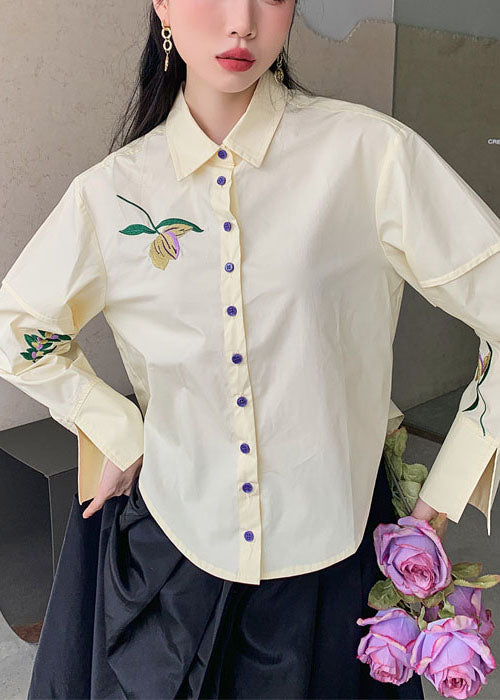 Beige Embroideried Patchwork Cotton Shirt Top Spring