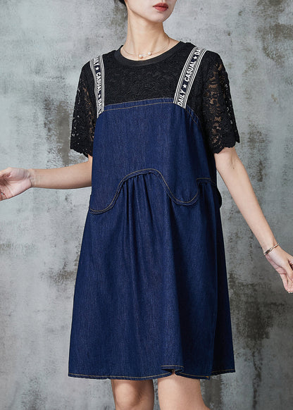 Navy Patchwork Denim Fake Two Piece Dress Summer