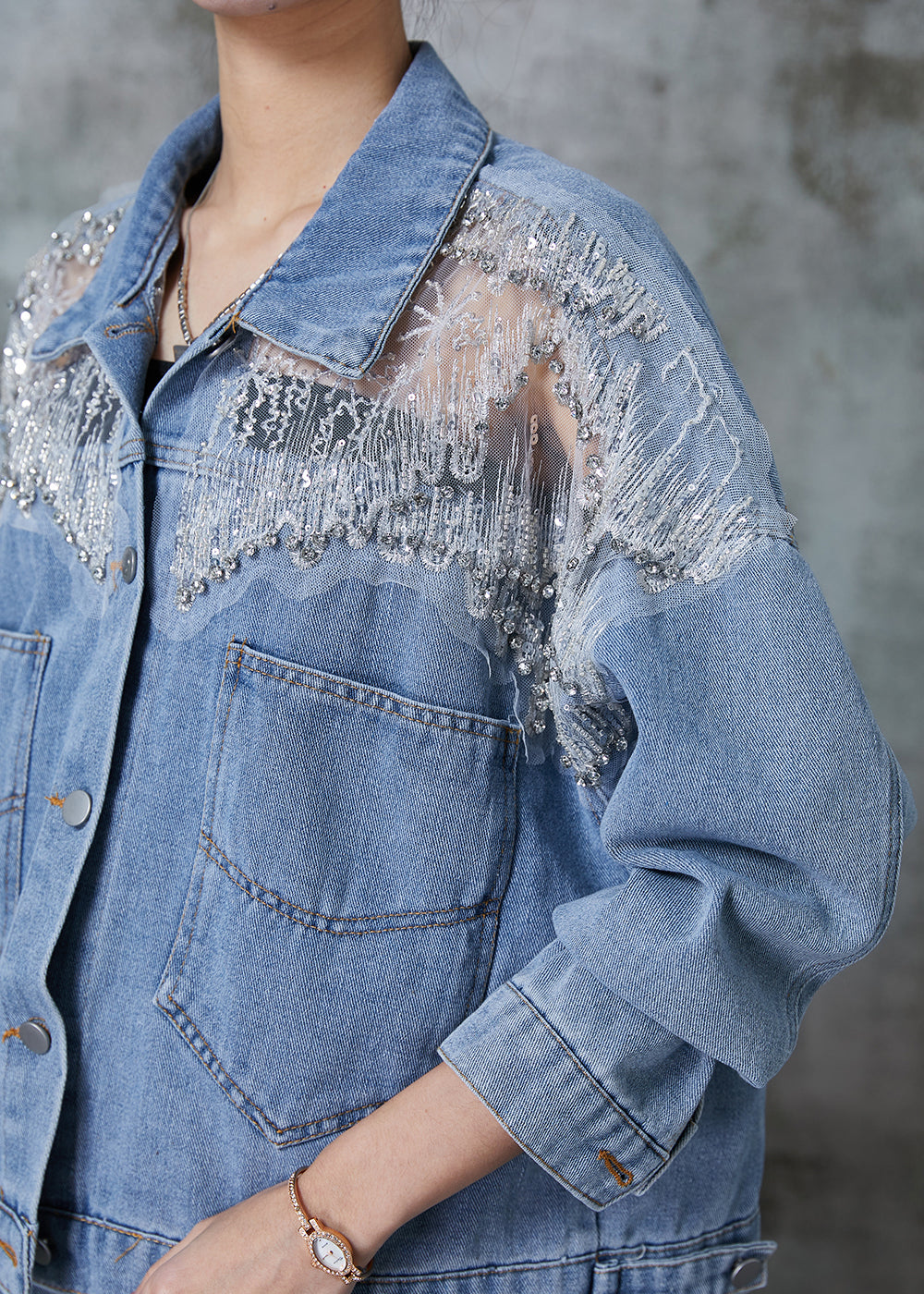 Blue Hollow Out Pockets Denim Coats Spring