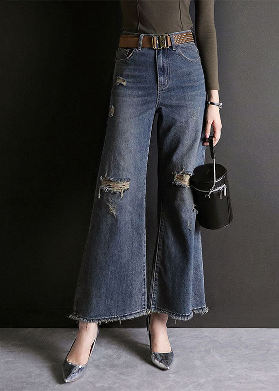 Blue High Waist Hole Pockets Cotton Denim Flare Pants Summer