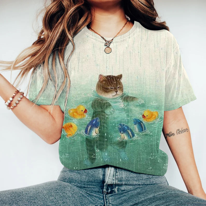 Cute Cat Print Round Neck Casual T-Shirt elevenforest