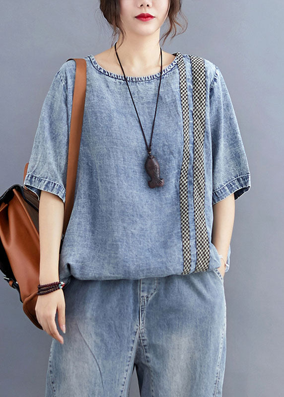 Blue O Neck Plaid Patchwork Denim T Shirt Top Summer