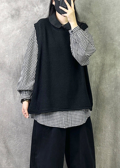 Cozy Black O Neck Knit Vest Tops Sleeveless