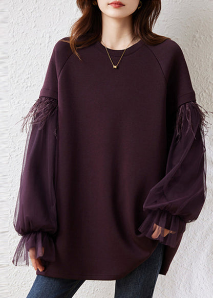 Art Purple Fringe Trim Patchwork Cotton Pullover Fall