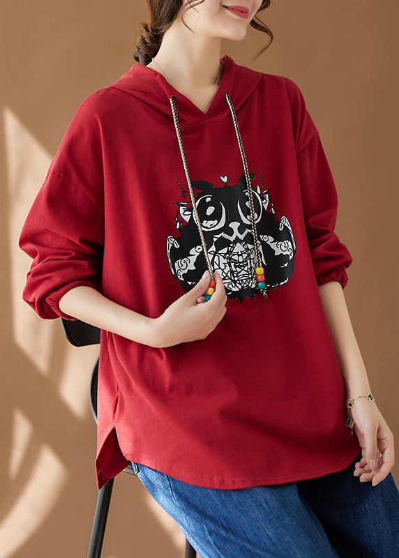 Green Hooded Print Side Open Cotton Top Fall