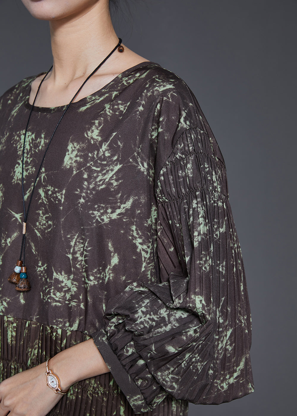 Brown Elastic Waist Print Cotton Long Dress Spring