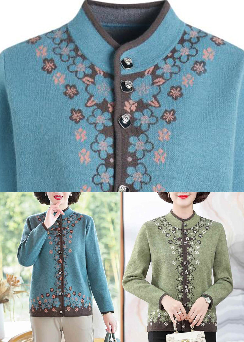 Green Print Cotton Knit Coats Long Sleeve Winter