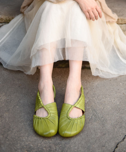 Hollow Out Splicing Chunky Flat Sandals Green Cowhide Leather