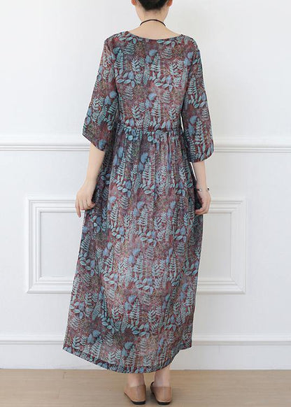 Print Linen Dress V Neck Half Sleeve Spring Dress