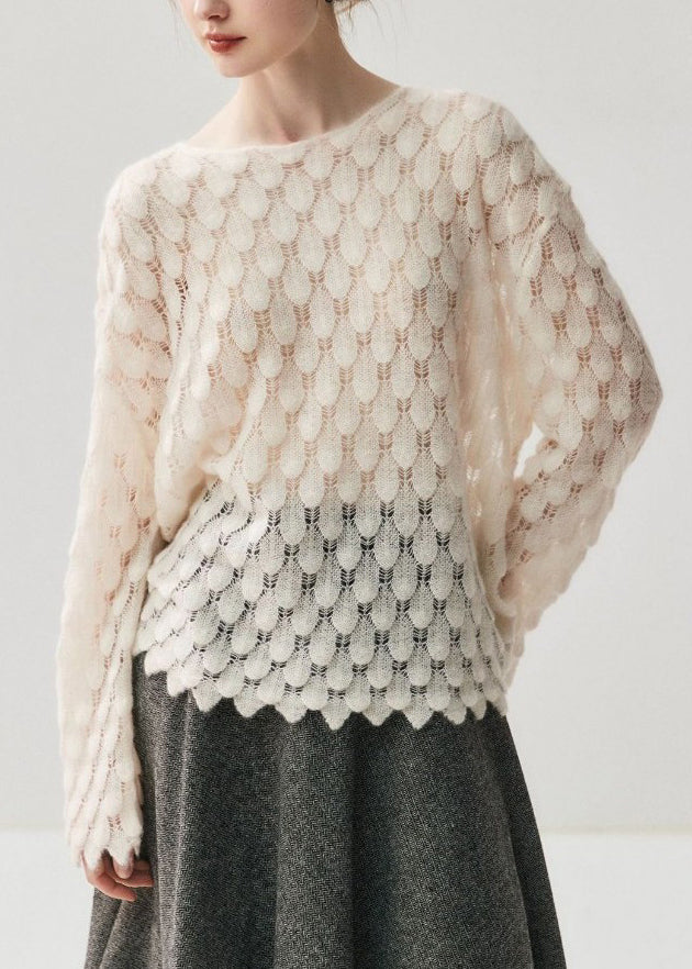 Light Blue Slash Neck Hollow Out Cotton Knit Sweater Fall