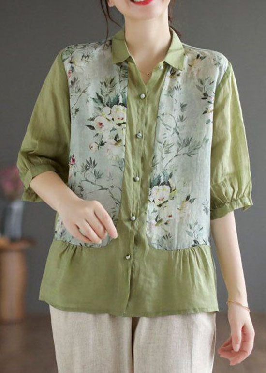 Green Peter Pan Collar Print Linen Top Summer