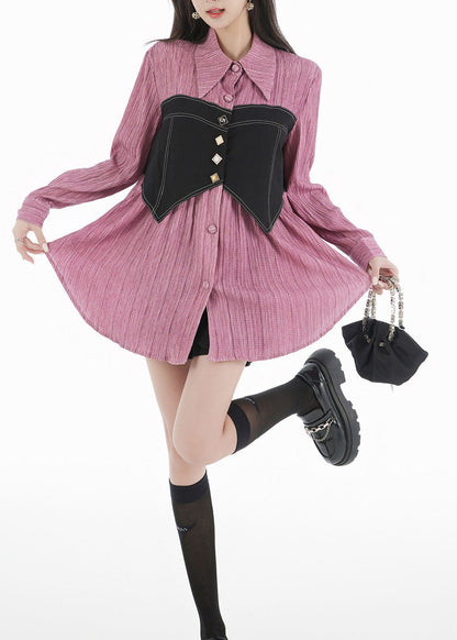 Unique Purple Peter Pan Collar Patchwork Cotton Blouses Spring