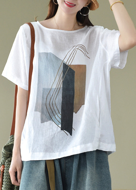 White O-neck Print Linen Blouse Tops Short Sleeve