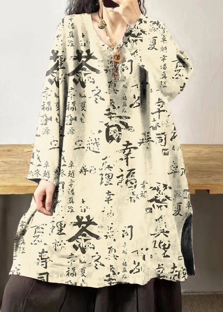 Black Text V Neck Embroidered Patchwork Linen Mid Dresses Fall