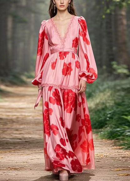Pink Ruffled Print Chiffon Long Dress Spring
