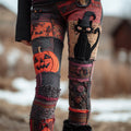 Comstylish Halloween Black Cat & Pumpkin Patchwork Art Women's Knit Leggings