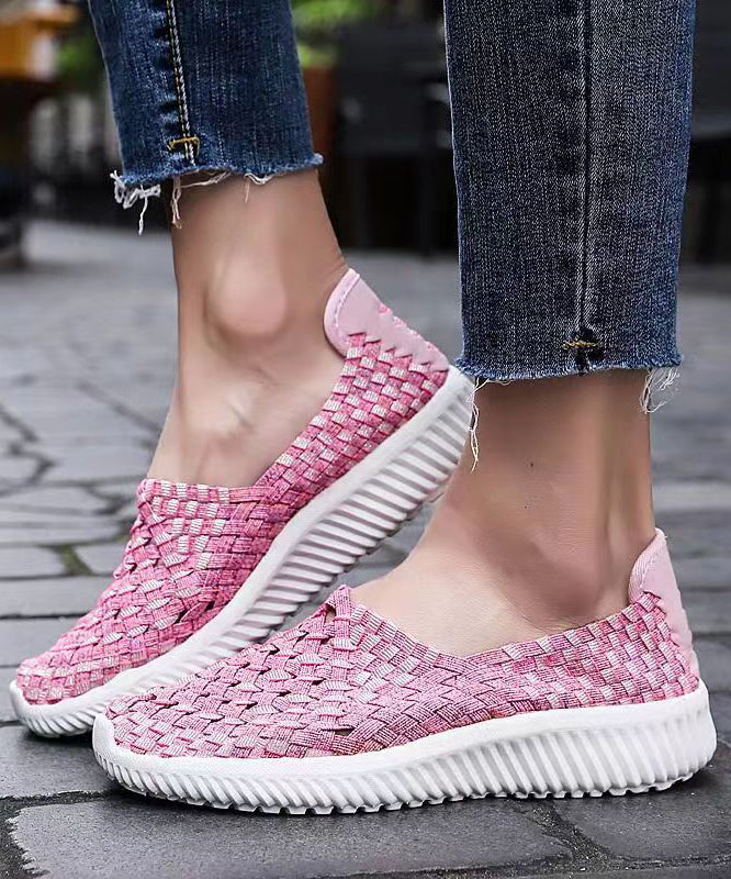 Pink Flat Shoes Knit Fabric Handmade Splicing
