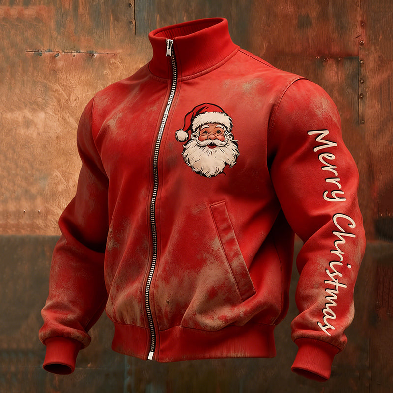 Comstylish Men's Santa Claus Pattern Zipper And Stand Collar Sweatshirt
