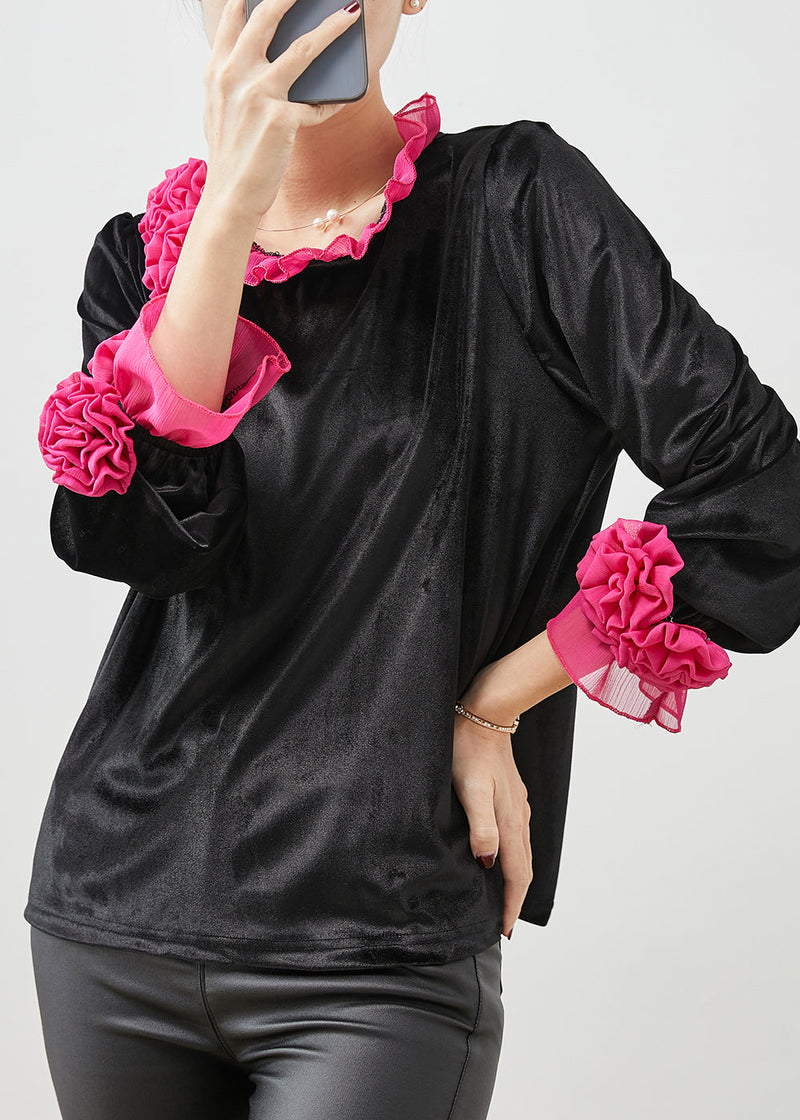 Rose Ruffled Silk Velour Shirt Spring