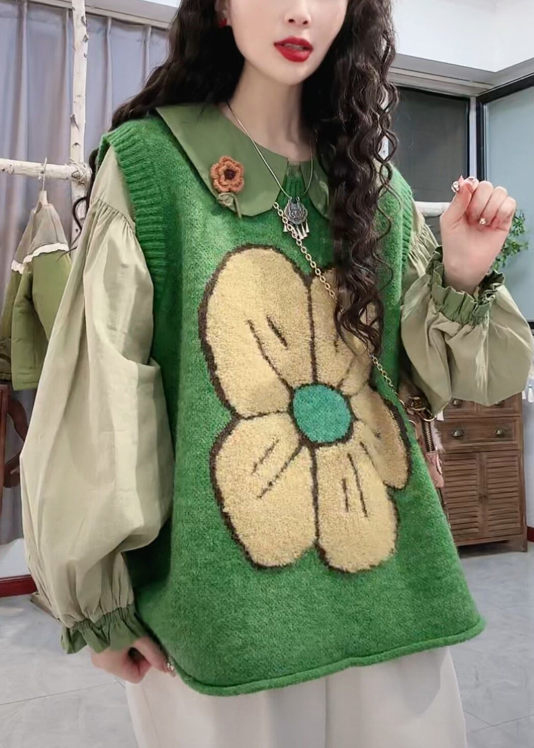 Green O Neck Patchwork Cozy Knit Waistcoat Sleeveless