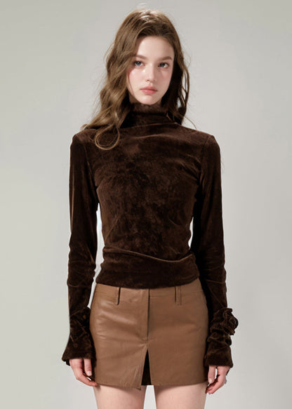 Grey Hign Neck Slim Fit Velour Blouse Top Fall