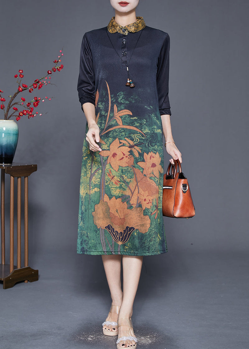 Black Peter Pan Collar Print Slim Fit Dress Fall