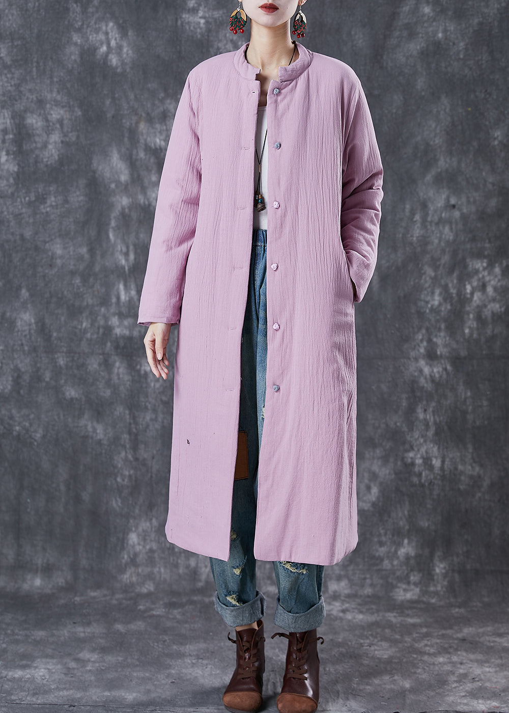 Purple Pockets Thick Fine Cotton Filled Long Coats Winter