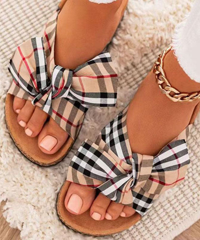 Khaki Beach Slide Sandals Splicing Bow Canvas