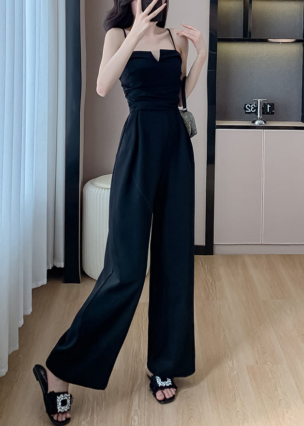 Black Cold Shoulder Silk Sleeveless Jumpsuits Pockets