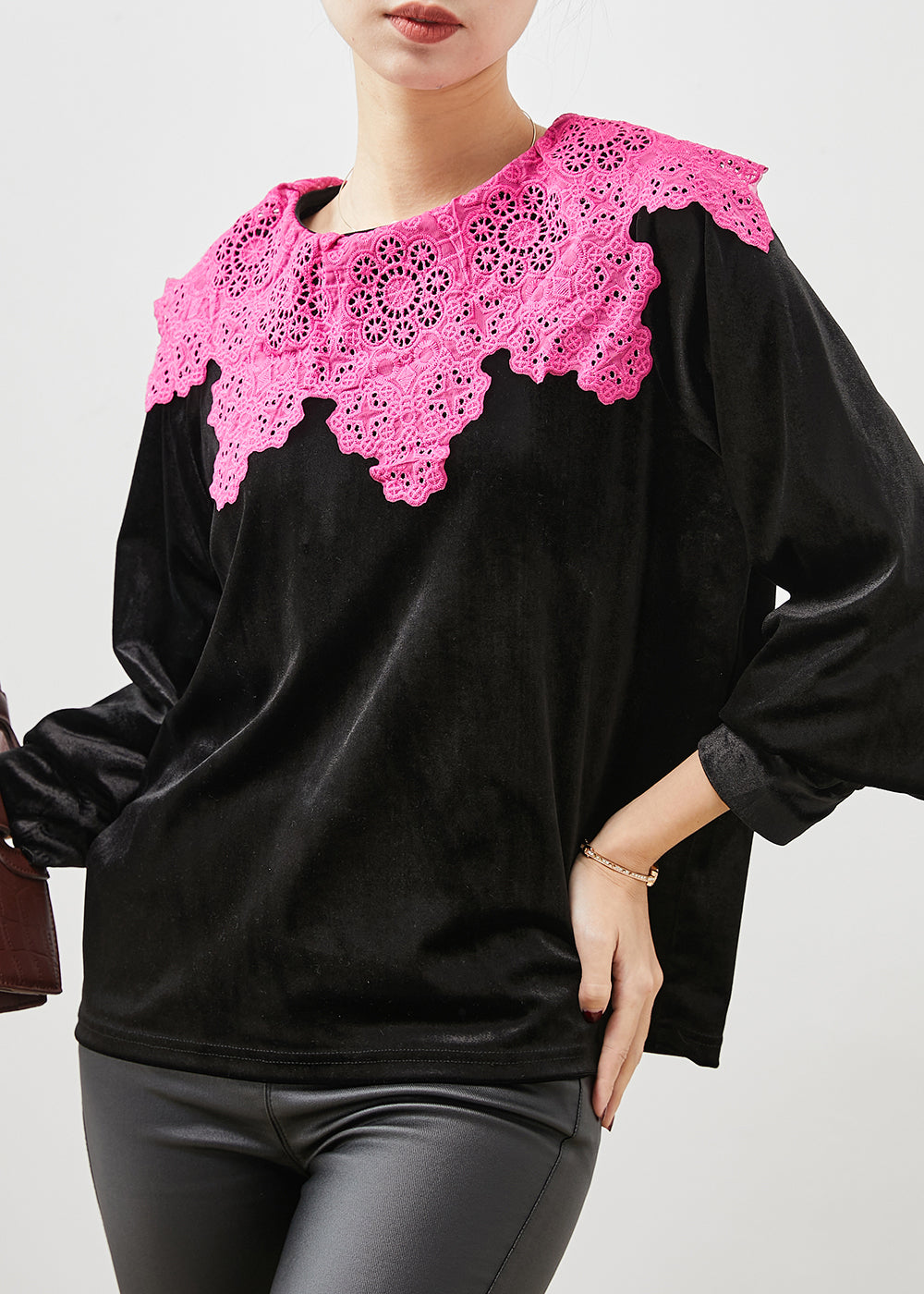 Art Black Lace Patchwork Silk Velour Blouse Tops Spring