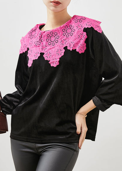 Art Black Lace Patchwork Silk Velour Blouse Tops Spring