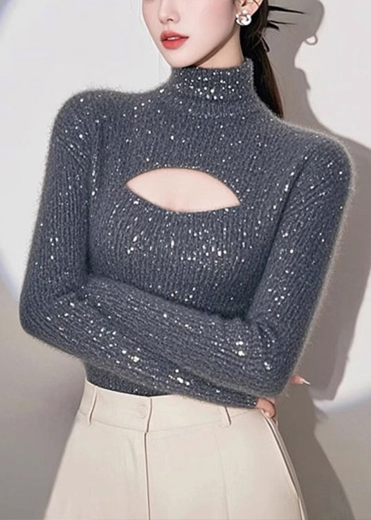 Grey Hign Neck Hollow Out Knit Sweater Spring