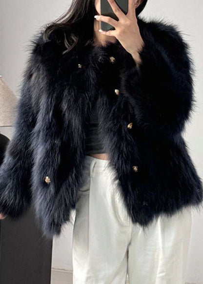 Style Navy O Neck Double Breast Leather and Fur Coat Winter