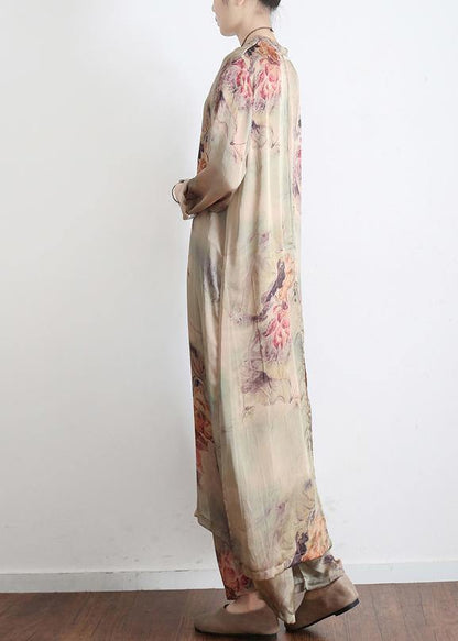 Spring Loose Print Silk Satin Split Long Sleeve Shirt + Wide Leg Pants