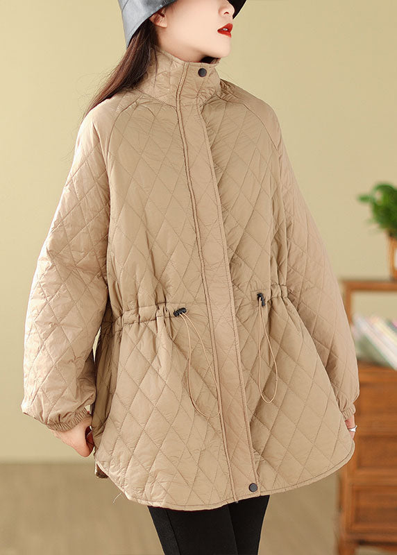 Khaki Stand Collar Drawstring Zippered Pockets Parkas Coats Winter