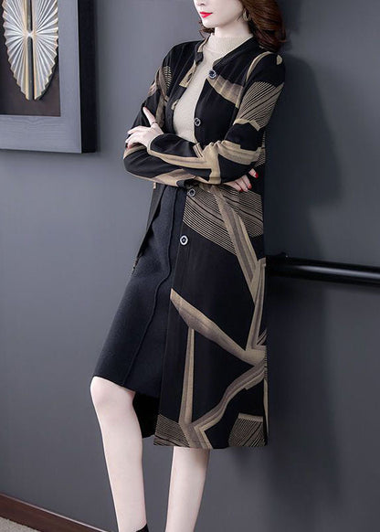 Black Stand Collar Oversized Print Coat Outwear Long Sleeve