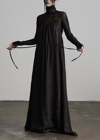 Unique Black Embroidered Lace Up Silk Spaghetti Strap Dress Fall