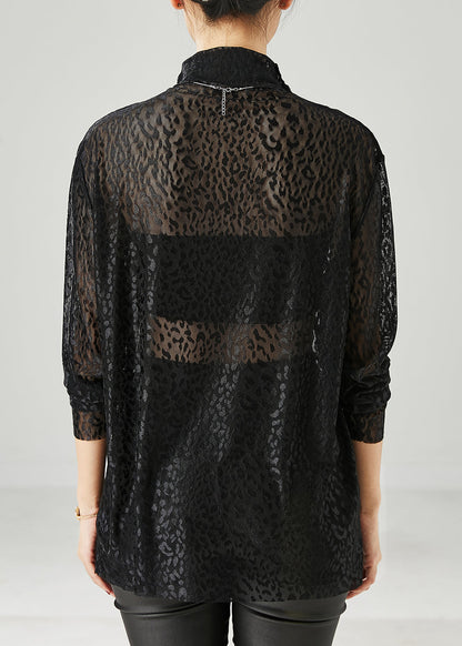 Black Turtle Neck Hollow Out Tulle Top Spring